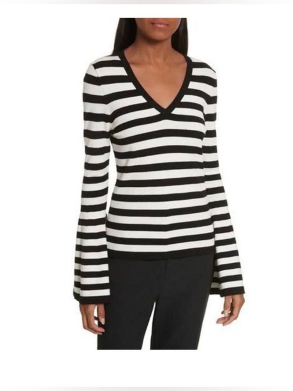 MILLY V-Neck Bell Sleeve Pullover Black & White Striped Sweater size medium